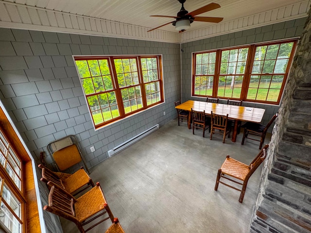 living area featuring a baseboard heating unit, ceiling fan, concrete floors, and a healthy amount of sunlight