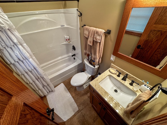 full bathroom featuring vanity, toilet, shower / tub combo with curtain, and tile patterned floors