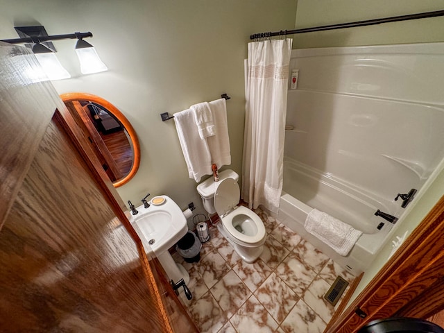 bathroom with toilet, tile patterned flooring, and shower / bathtub combination with curtain