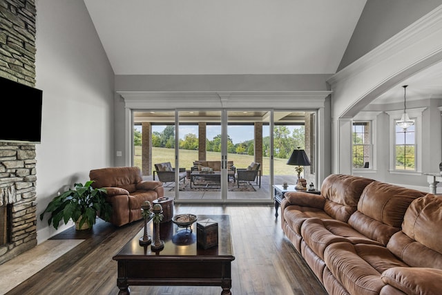 living room featuring lofted ceiling, a stone fireplace, and dark hardwood / wood-style flooring