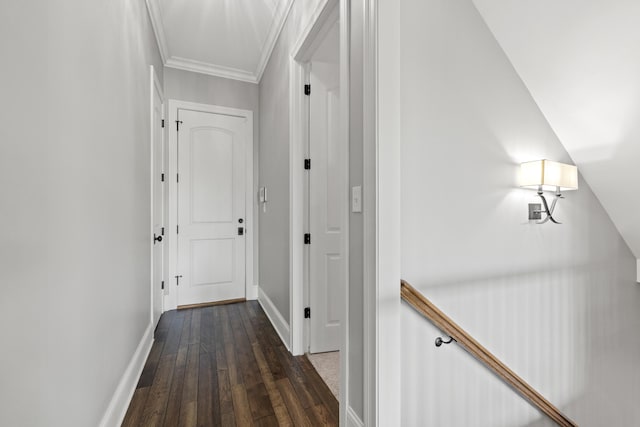 hall with dark hardwood / wood-style flooring and ornamental molding