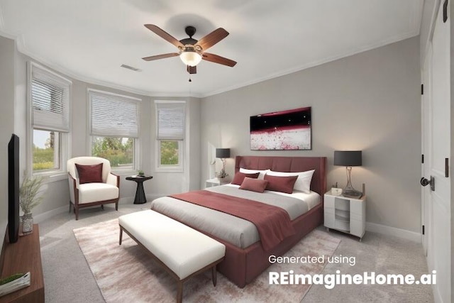 bedroom with crown molding, ceiling fan, and carpet floors