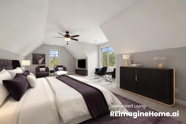 carpeted bedroom with lofted ceiling and multiple windows