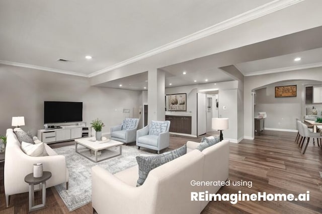 living room featuring dark wood-type flooring and crown molding