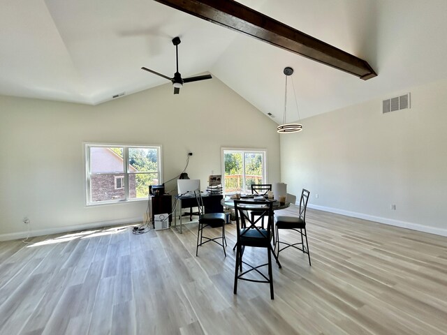 dining space featuring light wood-type flooring, beamed ceiling, high vaulted ceiling, and ceiling fan