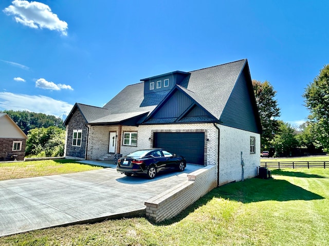 view of property exterior featuring a lawn and a garage