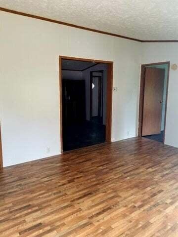 empty room featuring a textured ceiling, light hardwood / wood-style flooring, and ornamental molding