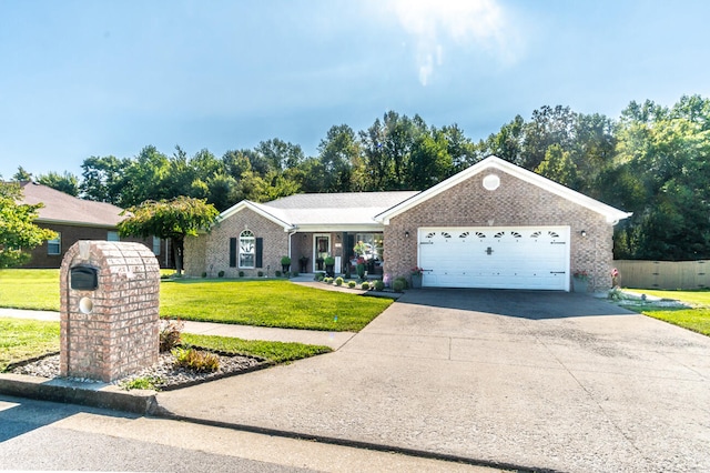 ranch-style home featuring a garage and a front lawn