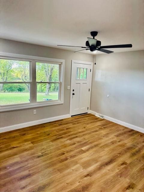 entryway with ceiling fan, wood-type flooring, and a healthy amount of sunlight