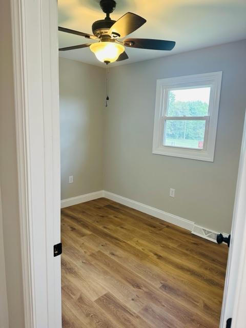 unfurnished room featuring light wood-type flooring and ceiling fan