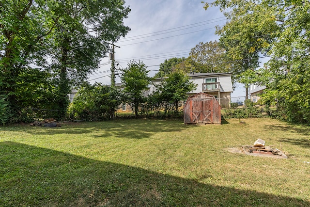 view of yard featuring a storage shed