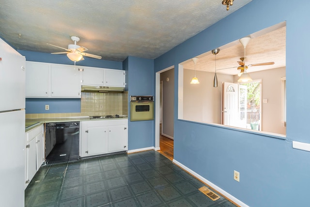 kitchen featuring black appliances, ceiling fan, hanging light fixtures, and white cabinetry