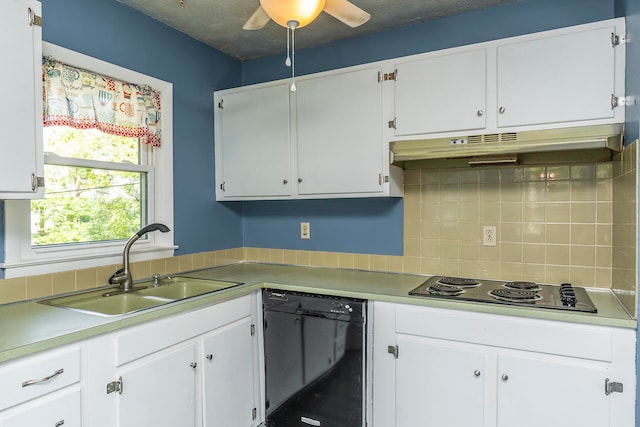 kitchen with dishwasher, stainless steel gas cooktop, sink, ceiling fan, and white cabinets