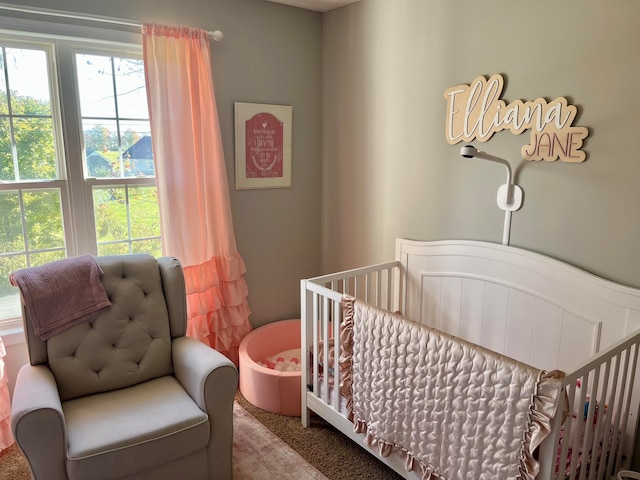 bedroom with a nursery area and carpet flooring