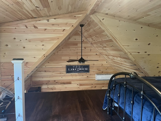 interior space with vaulted ceiling with beams, wood walls, wood finished floors, and wood ceiling