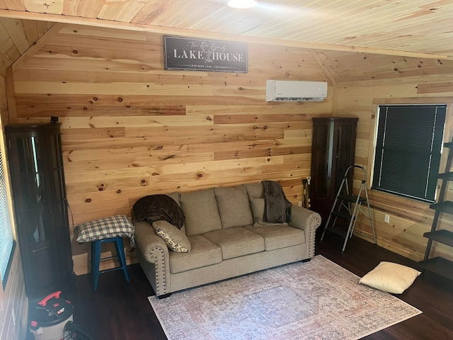 living room featuring wood ceiling, vaulted ceiling, hardwood / wood-style flooring, and wooden walls