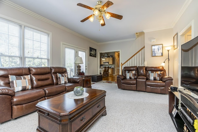 3005 Old Field Way, Lexington, KY 40513 - living room with ceiling fan, light carpet, ornamental molding, and stairs