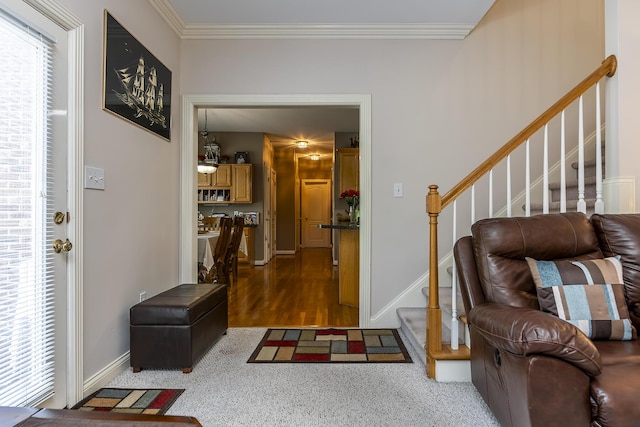 3005 Old Field Way, Lexington, KY 40513 - carpeted entrance foyer featuring stairway, crown molding, and baseboards