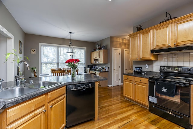 3005 Old Field Way, Lexington, KY 40513 - kitchen featuring black appliances, a sink, under cabinet range hood, light wood-style floors, and backsplash