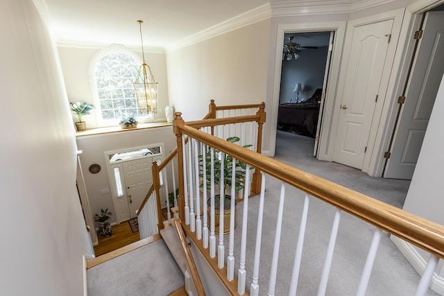 3005 Old Field Way, Lexington, KY 40513 - stairs with crown molding, carpet floors, and a chandelier