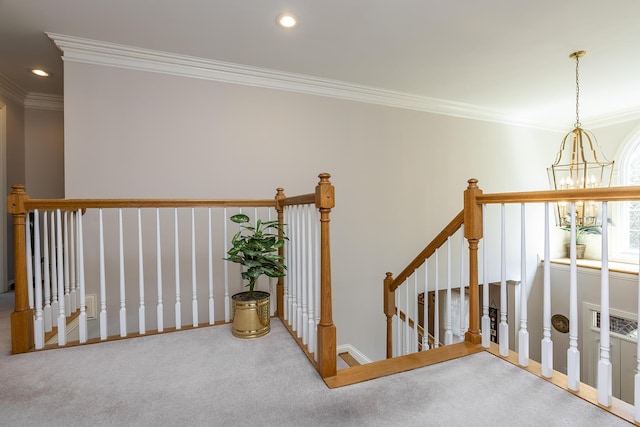 3005 Old Field Way, Lexington, KY 40513 - hallway with an upstairs landing, ornamental molding, a chandelier, recessed lighting, and carpet