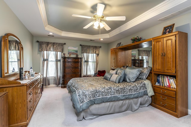 3005 Old Field Way, Lexington, KY 40513 - bedroom with a tray ceiling, light colored carpet, crown molding, and a ceiling fan