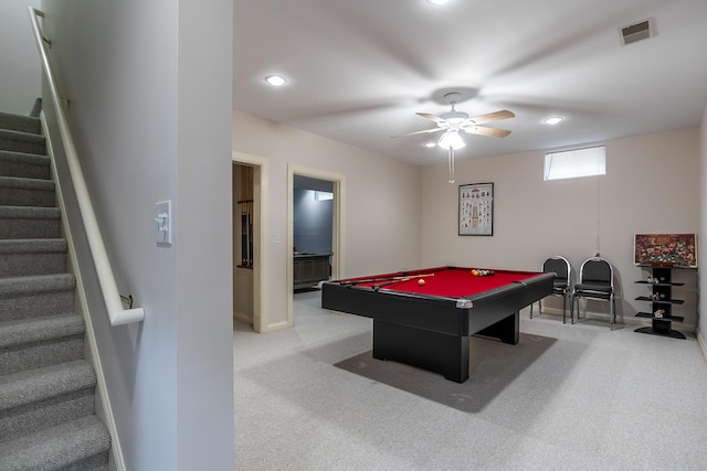 3005 Old Field Way, Lexington, KY 40513 - playroom with light carpet, pool table, recessed lighting, baseboards, and a ceiling fan