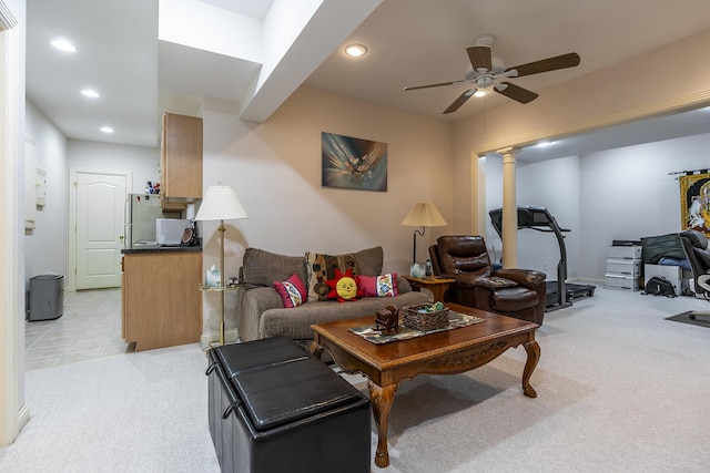3005 Old Field Way, Lexington, KY 40513 - living room with light colored carpet, ceiling fan, recessed lighting, decorative columns, and light tile patterned floors