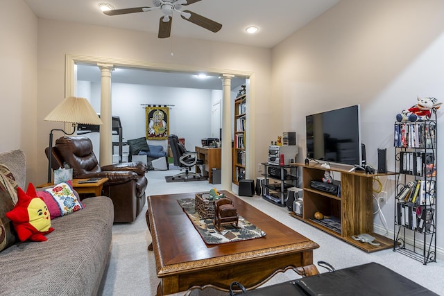 3005 Old Field Way, Lexington, KY 40513 - living room with decorative columns, carpet, and a ceiling fan