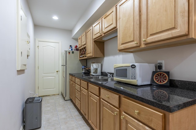 3005 Old Field Way, Lexington, KY 40513 - kitchen with white appliances, a sink, light tile patterned flooring, dark stone countertops, and recessed lighting