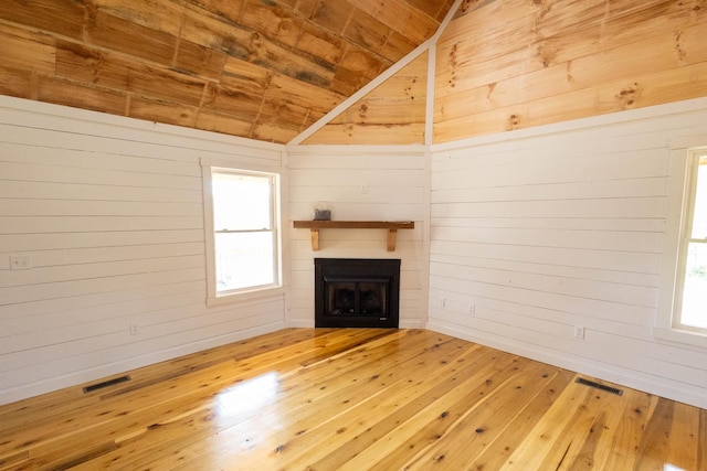 unfurnished living room featuring plenty of natural light and wood walls