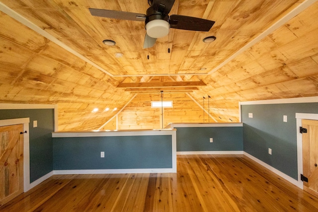 bonus room with wood ceiling, ceiling fan, wooden walls, lofted ceiling with beams, and hardwood / wood-style flooring