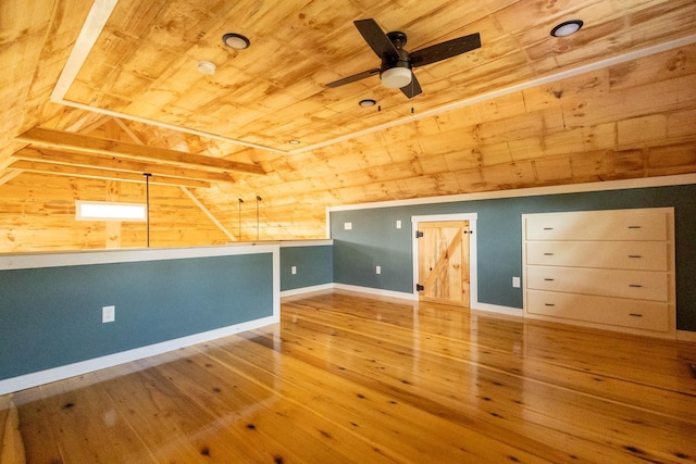 bonus room featuring wood-type flooring, vaulted ceiling, ceiling fan, and wooden ceiling