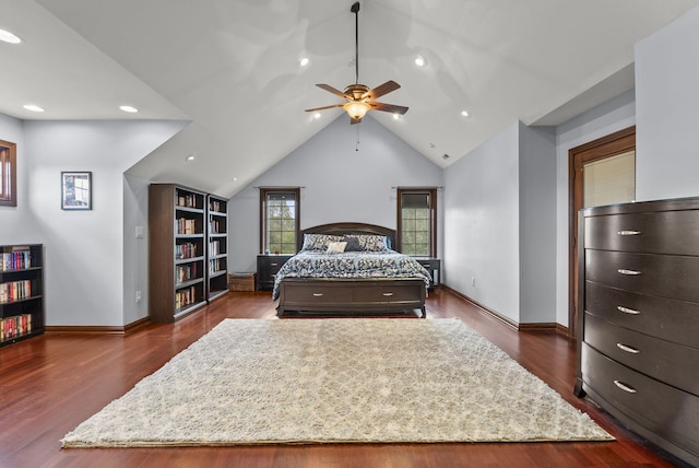 bedroom with high vaulted ceiling, ceiling fan, and dark hardwood / wood-style floors