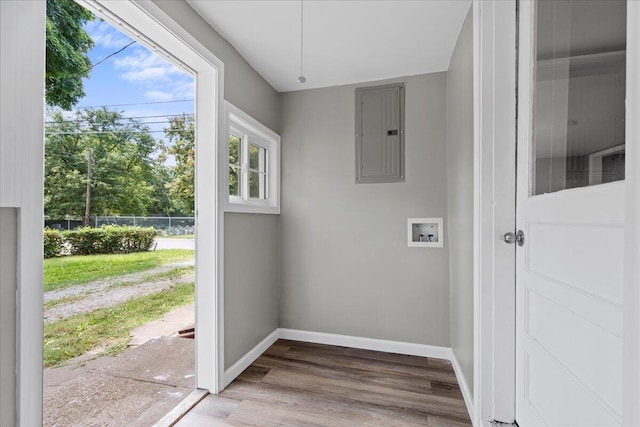 entryway with electric panel and wood-type flooring