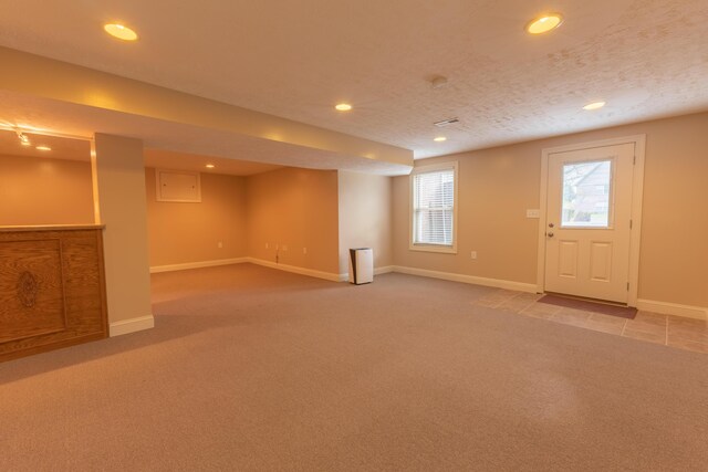 basement with carpet floors and a textured ceiling