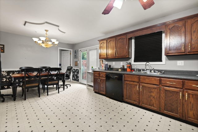 kitchen with dishwasher, dark countertops, a sink, a chandelier, and ceiling fan