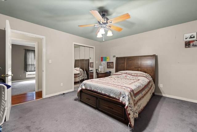 carpeted bedroom with baseboards, a closet, and ceiling fan