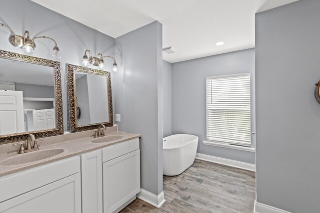 bathroom featuring wood-type flooring, a washtub, and vanity