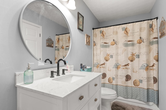 bathroom with walk in shower, toilet, a textured ceiling, and vanity