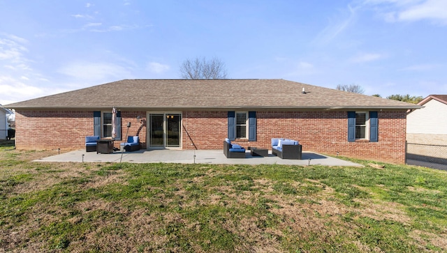 back of house with a yard, an outdoor hangout area, and a patio