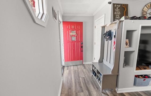 mudroom with hardwood / wood-style flooring and ornamental molding