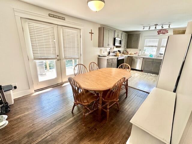 dining room featuring french doors, rail lighting, and dark wood-type flooring