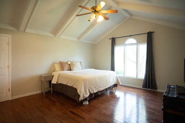 bedroom with dark wood-type flooring, ceiling fan, and lofted ceiling with beams