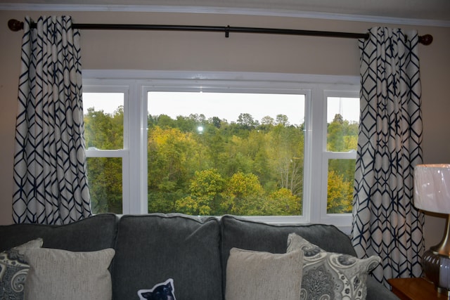 living room with ornamental molding