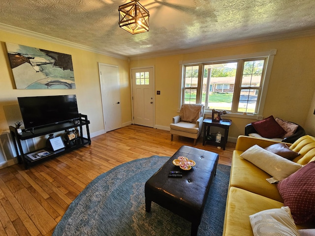 living room featuring a textured ceiling and hardwood / wood-style floors