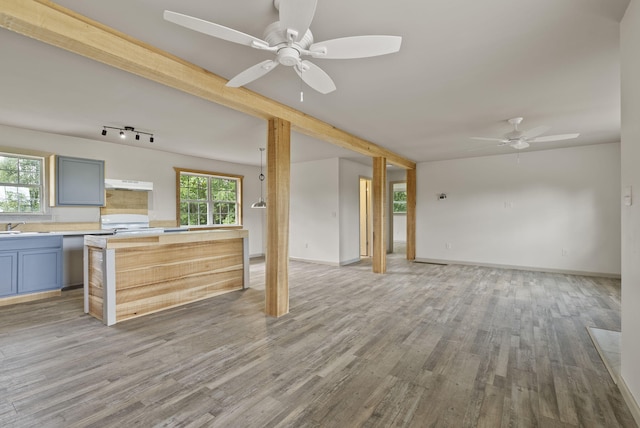 kitchen featuring light hardwood / wood-style flooring, ceiling fan, sink, and white range oven