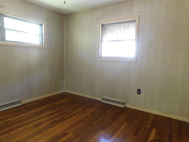 unfurnished room featuring a baseboard heating unit, dark hardwood / wood-style flooring, and wood walls