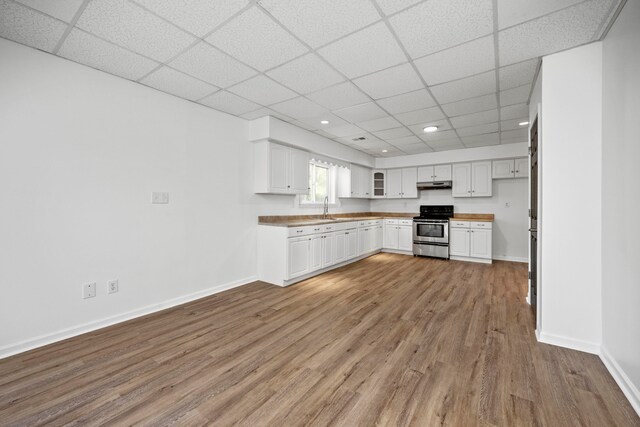 kitchen with hardwood / wood-style floors, stainless steel electric range, sink, white cabinetry, and a paneled ceiling