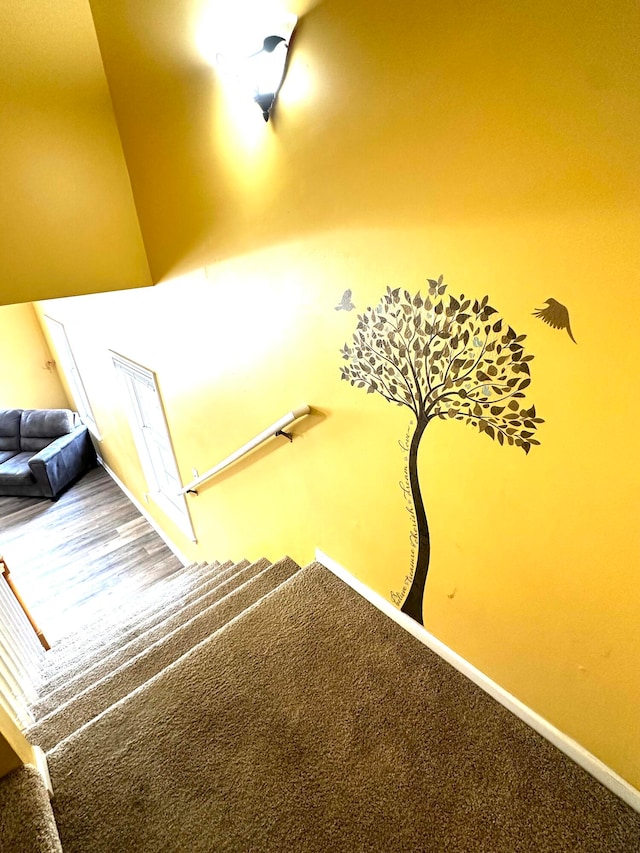 stairway featuring carpet flooring